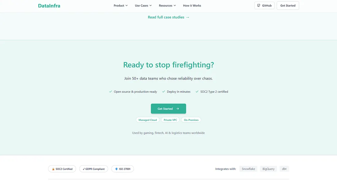 Devtool landing page footer trust signals for compliance, quality controls, and reliability