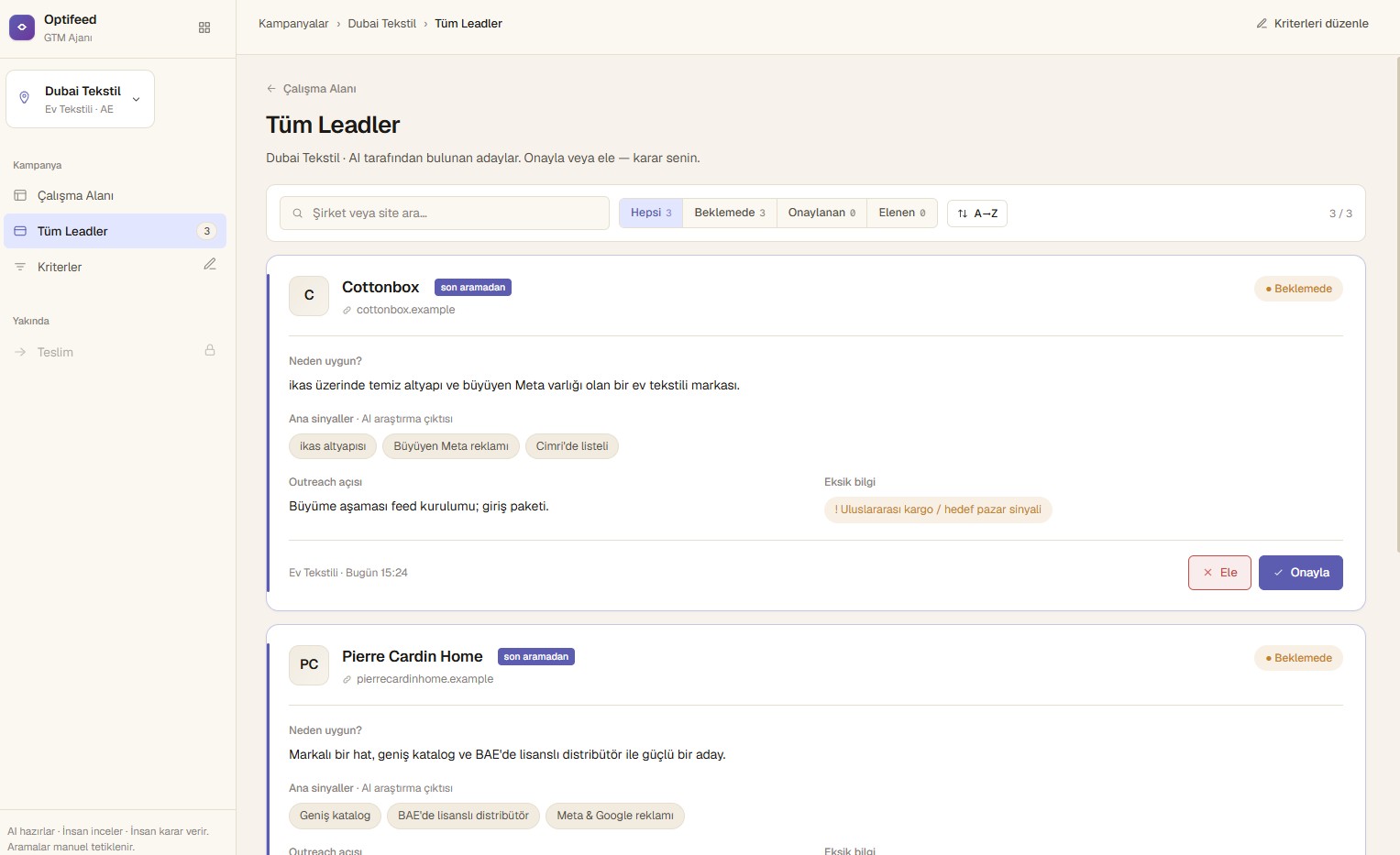 OptiGTM project page showing a saved lead research search result