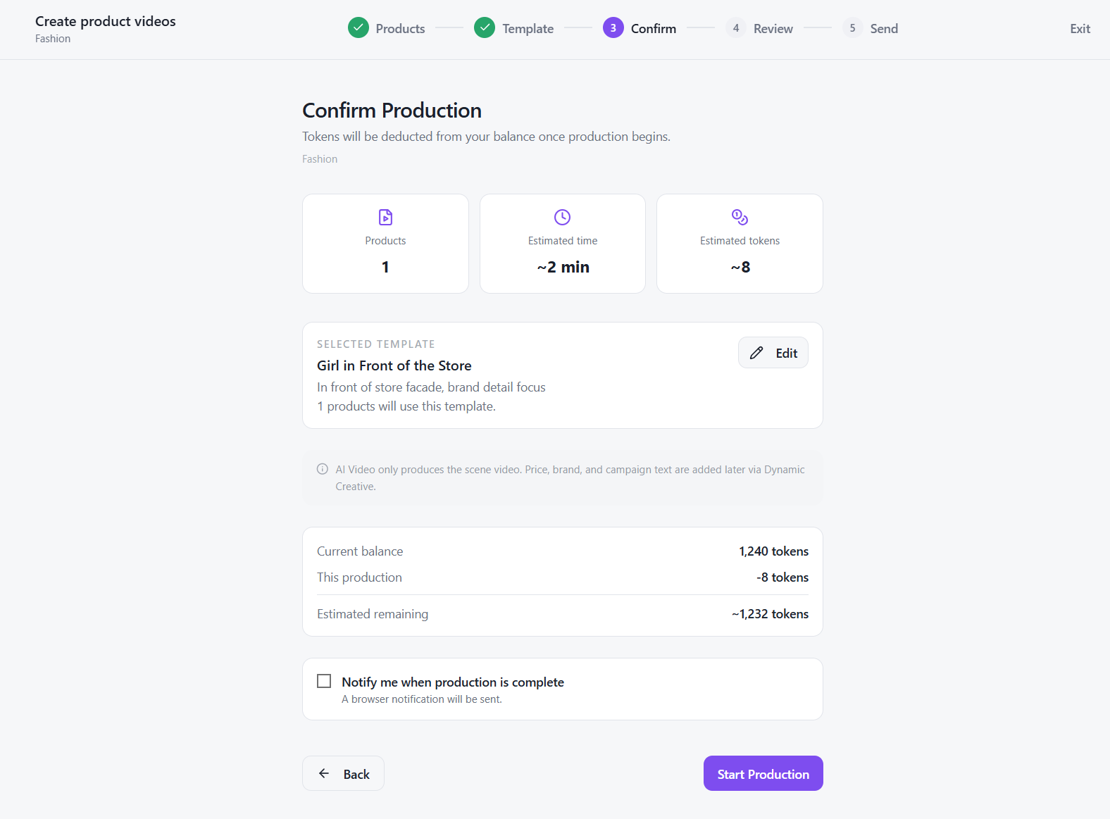 Optivideo confirmation step with token cost and estimated generation time