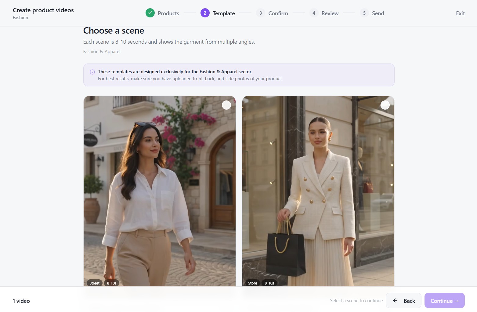 Optivideo prototype template and scenario selection including Textile/Fashion