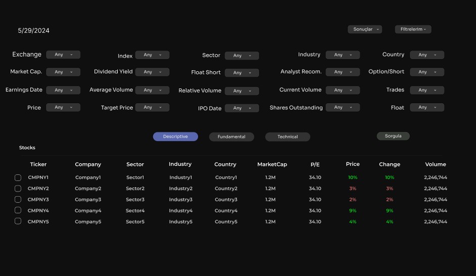 Capital Collective stock screener Figma prototype showing filter and screener logic
