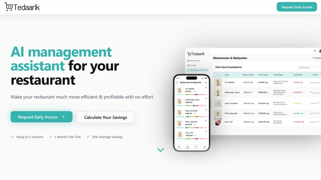 Tedaarik pre-launch landing page hero with early-access CTA and product interface